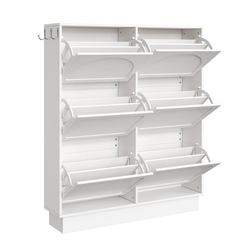 Narrow Shoe Cabinet with 6 Flip Drawers - Space Saving Entryway Organizer with Adjustable Shelf & 3 Hooks
