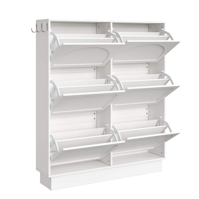 Sleek Cream-Colored Tipping Bucket Shoe Cabinet – Entryway Organizer with 6 Flip Drawers, Adjustable Shelf & 3 Silver Hooks