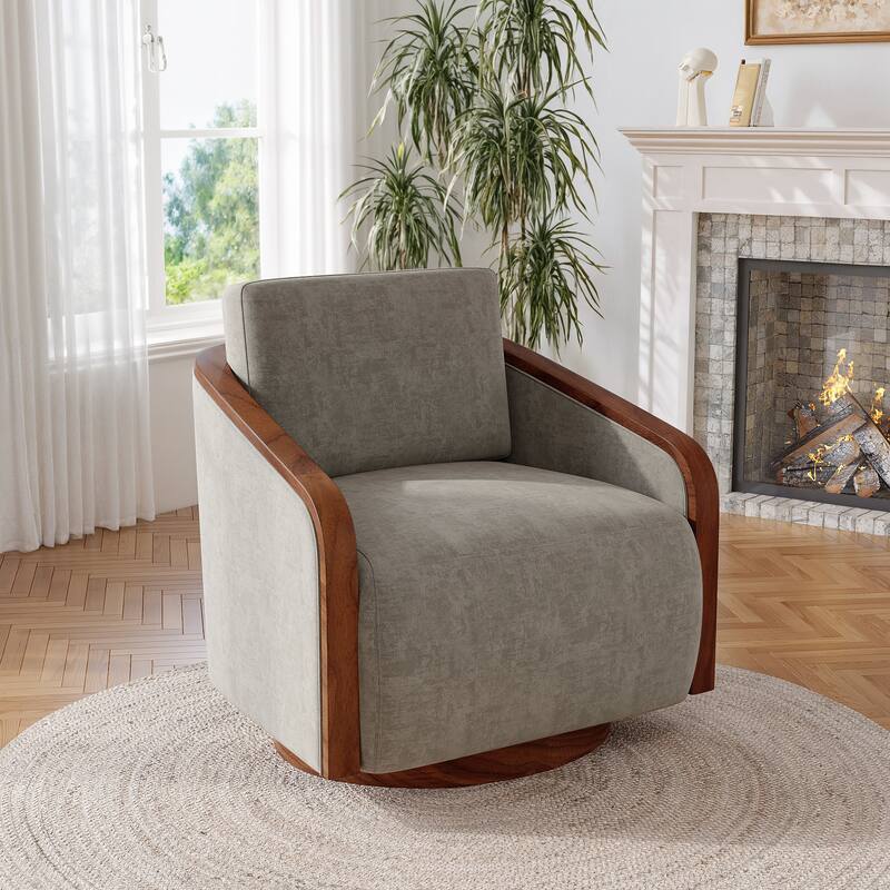 Upholstered Swivel Barrel Chair with Curved Wood Arms - LIGHT BROWN