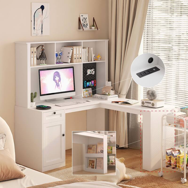 Anmytek White L Shaped Computer Desk with Hutch Storage Corner Workstation for Home Office