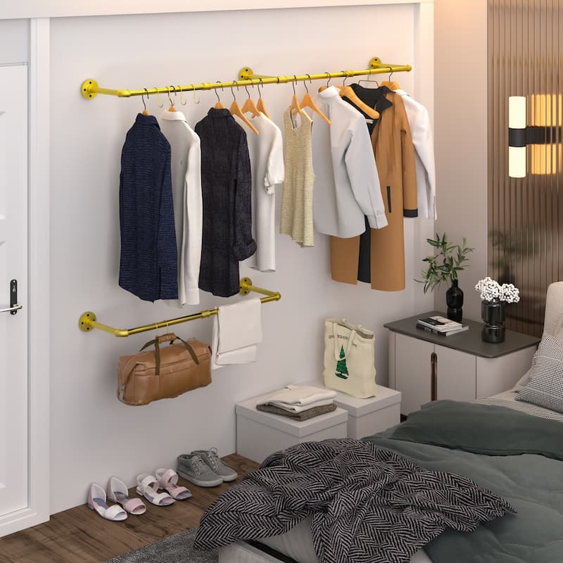 Heavy Duty Clothes Rack Wall Mounted Hanging Garment Rack Gold Metal - 70.87 inch - Gold