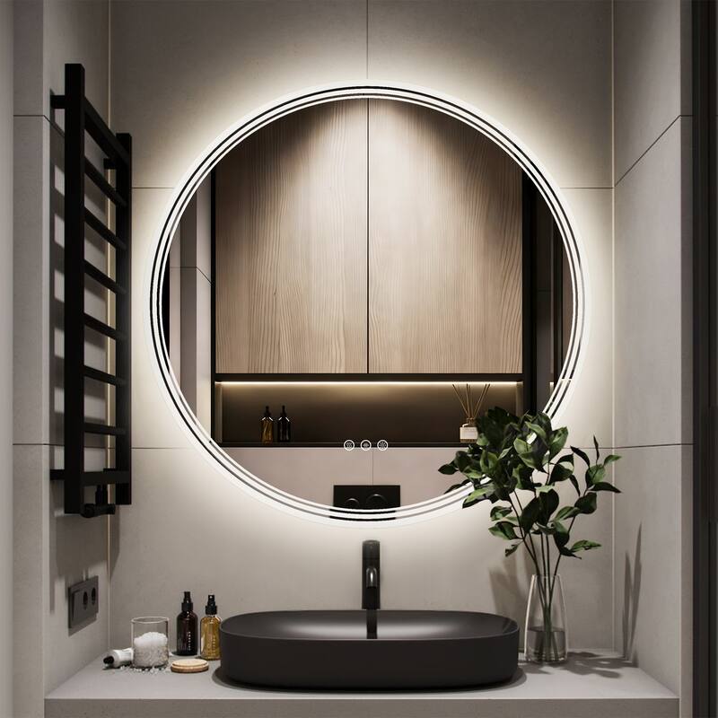 UL Certified Round Frameless Wall Mounted Anti Fog LED Bathroom Vanity Mirror, 3-Color Dimmable, HD Tempered Glass