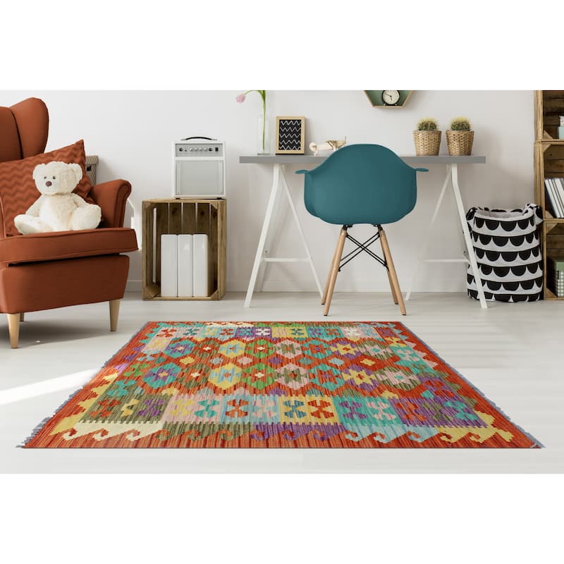 Flatweave Melda Red/Turquoise Rug - 3'2" x 4'10"
