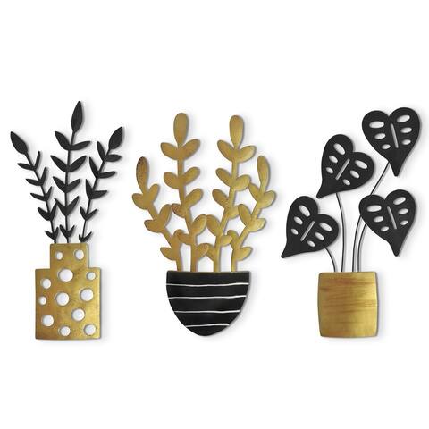 Americanflat Metal Wall Decor, 10" Three Plants Set - Black/Gold