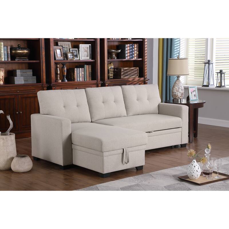 Beige Linen Upholstered Pull out Sectional Sofa with Chaise