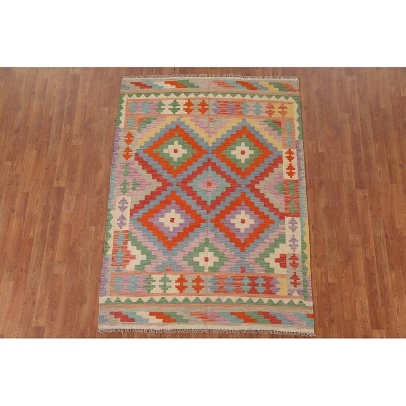 Hand Woven Oriental 100% Wool Carpet Southwestern Geometric Multi-Colored Kilim Area Rug - 6' 6'' X 4' 8''
