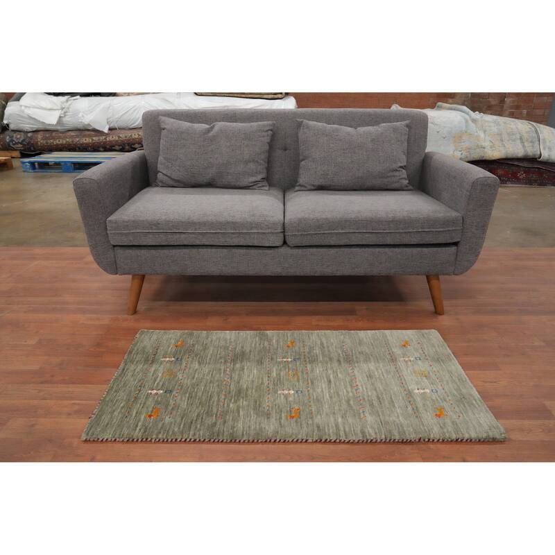 Hand Knotted Oriental 100% Wool Carpet Tribal Animal Pictorial Green Gabbeh Area Rug - 4' 0'' X 2' 0''