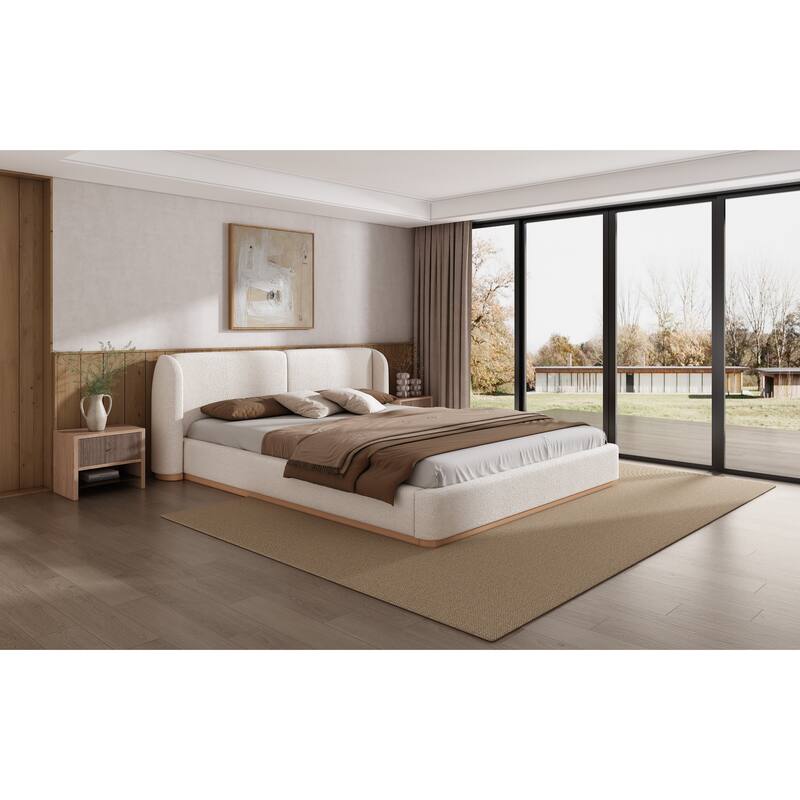 King Size Bed Frame with Upholstered Wingback Headboard, Solid Wood Base, White