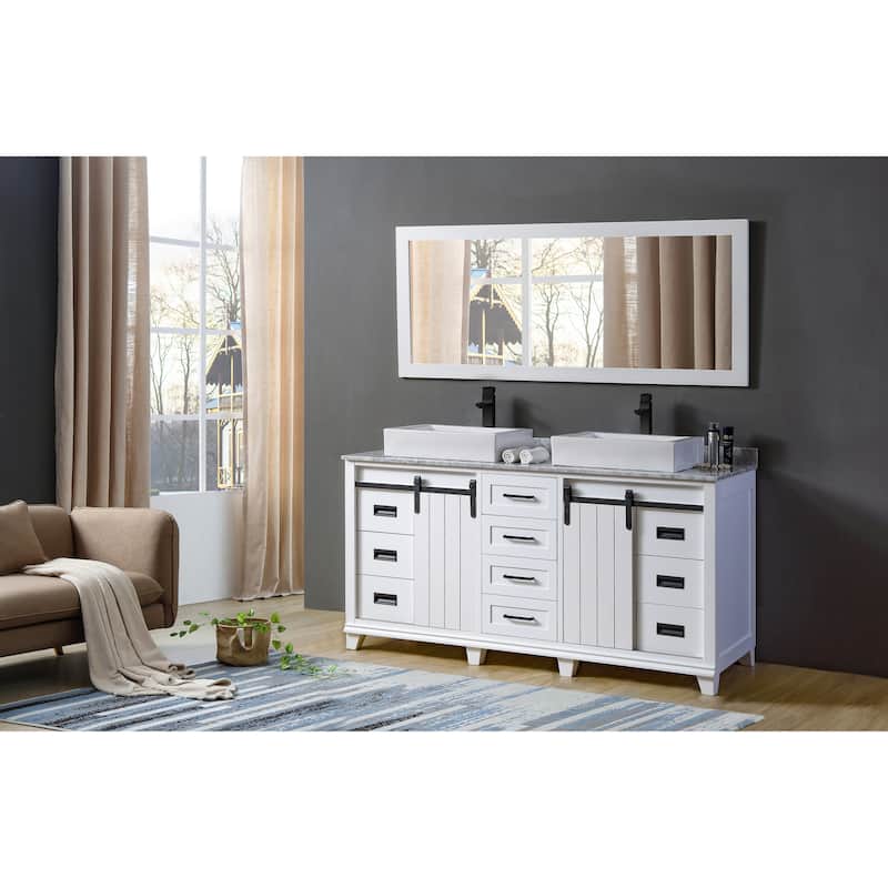 Chanceton 72 in. Vanity in White with White Carrara Marble Top with Vessel Sinks and 1 Large Mirror