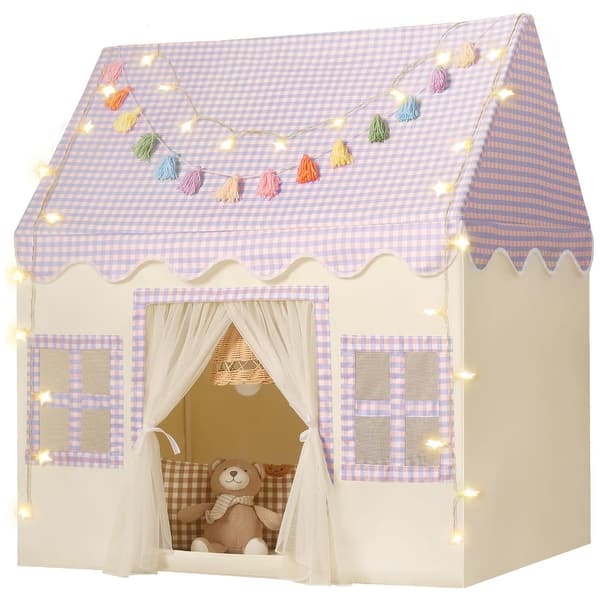 slide 2 of 7, Kids Play Tent Indoor with Mat, Tassel Garland, Star Lights