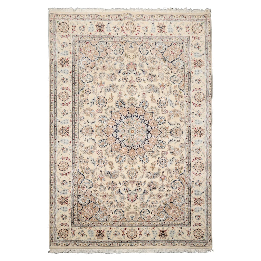 6'3''x9'3'' Hand Knotted Wool Ivory Nain Traditional Plush Pile Rug - 6' 3'' x 9' 3''