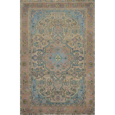 Hand Knotted Oriental 100% Wool Carpet Traditional Medallion Peach Tabriz Area Rug - 9' 6'' X 6' 7''