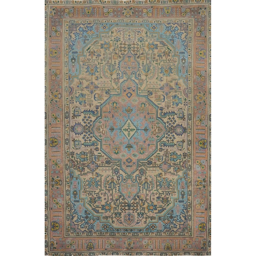Hand Knotted Oriental 100% Wool Carpet Traditional Medallion Peach Tabriz Area Rug - 9' 6'' X 6' 7''