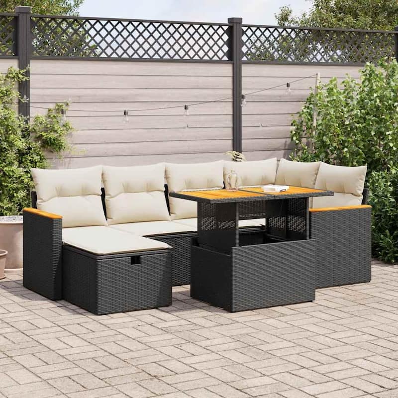 vidaXL Patio Sofa Set with Cushions Outdoor Conversation Furniture Poly Rattan - Black and Cream-with storage - 92.1 x 48.8 x 33.5