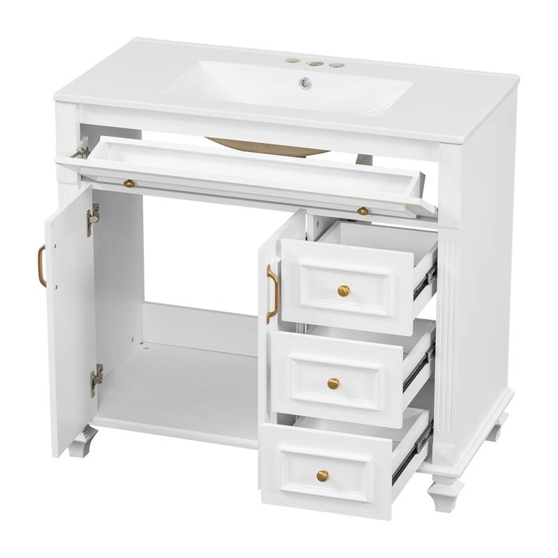 36" Bathroom Vanity with Sink, Vanity Cabinet with Flip-Out Drawer, 3 Drawers, 2 Soft-Close Doors, Solid Wood & MDF