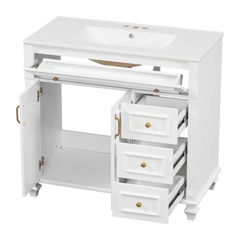 Roomfitters 36" Bathroom Vanity with Sink, Flip-Out Drawer, 3 Drawers, Soft-Close Doors, Solid Wood Cabinet