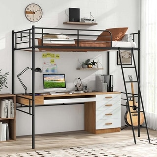 Costway Twin Size Metal Loft Bed Single Loft Bunk Bed with Full-Length