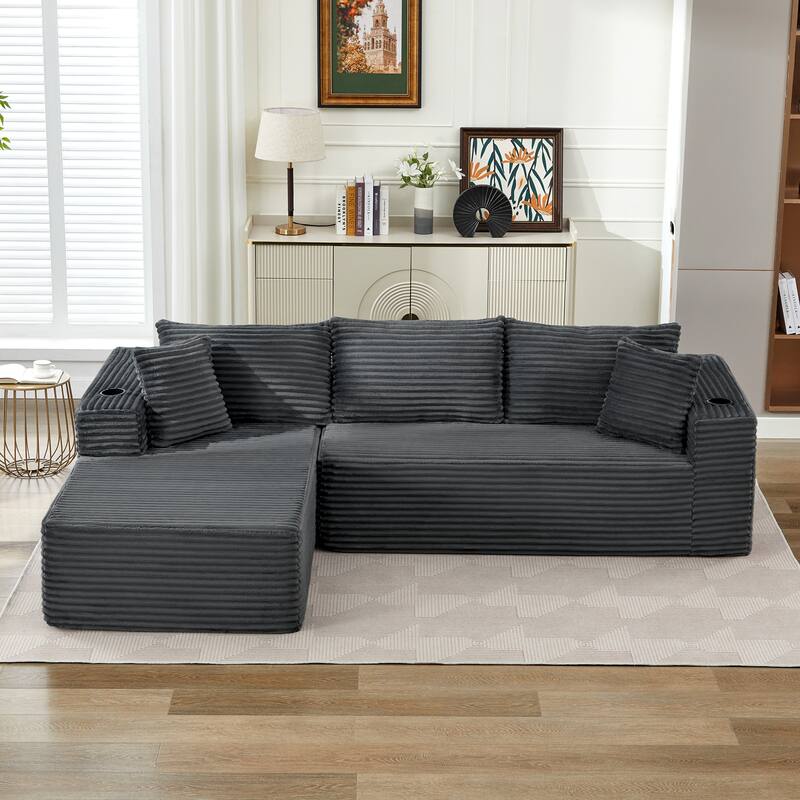 Upholstered L-Shaped Full Foam Sectional Sofa Couch Chaise with Pillows, No Assembly Required - Grey