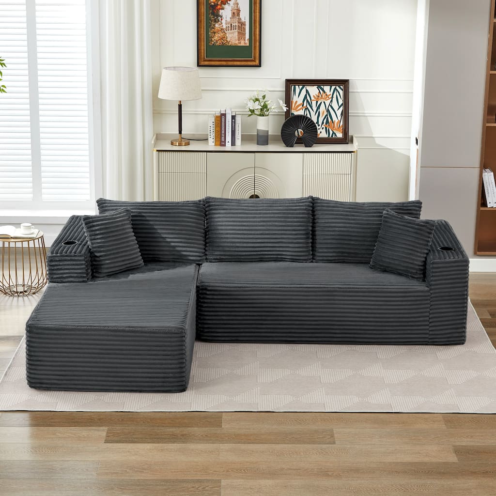 Upholstered L-Shaped Sectional Sofa Couch Chaise with Cupholders, No Assembly Required