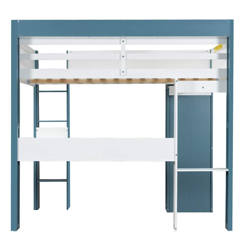 Full Size Wood Loft Bed With Built-In Storage Shelves,Clothes Rails And Desk