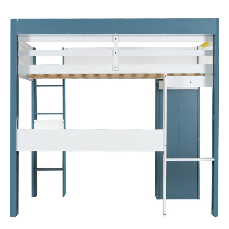 Roomfitters Full Size Loft Bed with Shelves, Clothes Rail and Desk, Space-Saving Wooden Frame for Modern Bedrooms