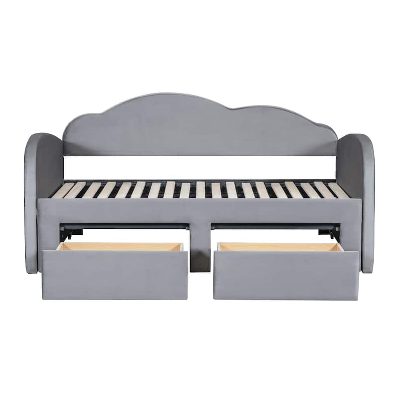 Twin Size Upholstered Daybed with 2 Storage Drawers and Trundle, Velvet Sofa Bed Frame with Cloud-Shaped Backrest and USB Ports