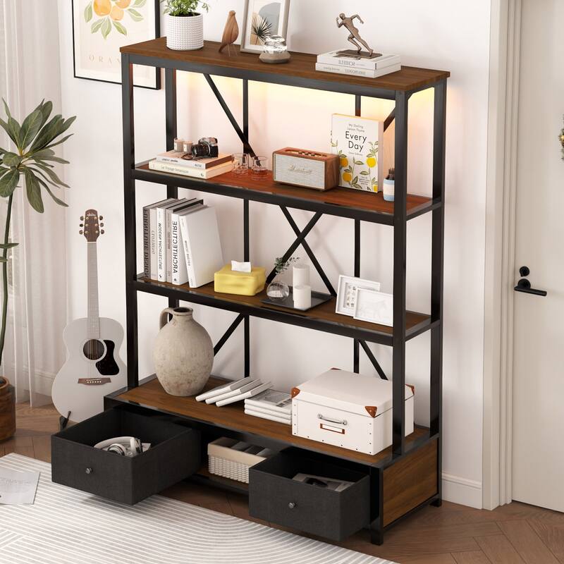 3-Shelf Metal Bookcase with Drawers for Home Office, Open Bookcase, Vintage Industrial Style Bookcase with LED - Walnut