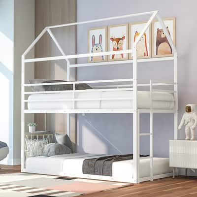 Bunk Beds for Kids Twin over Twin,House Bunk Bed Metal Bed Frame Built-in Ladder,No Box Spring Needed White