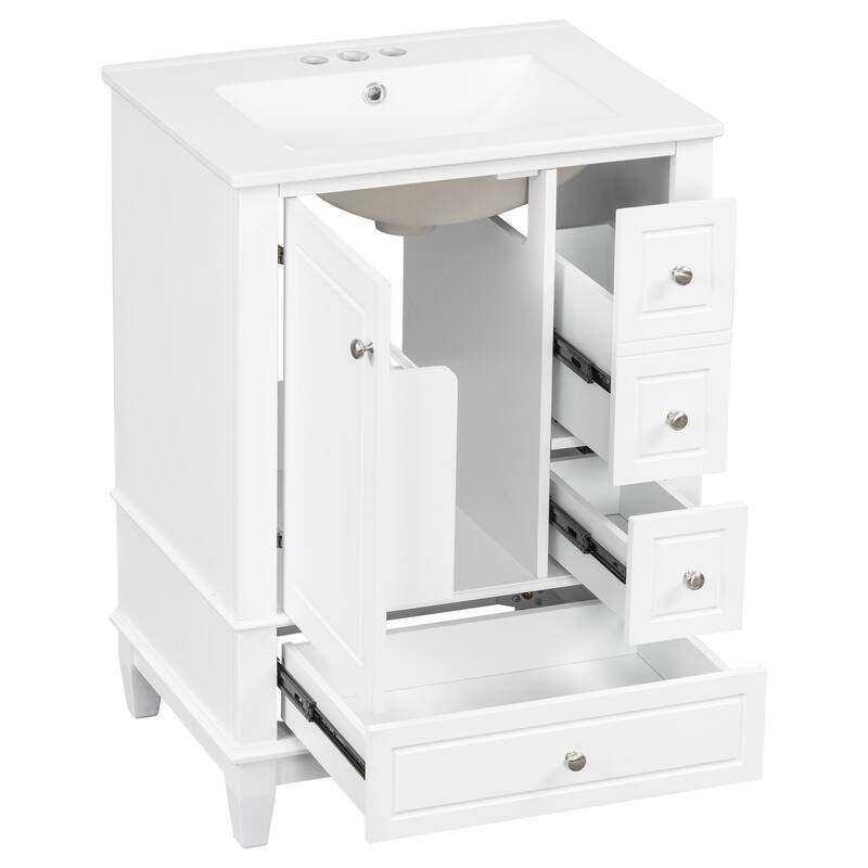 24" Bathroom with Sink and Drawers,Freestanding Cabinet with Ceramic Top and Shelves,MDF and Wood Base,Modern Sink Cabinet