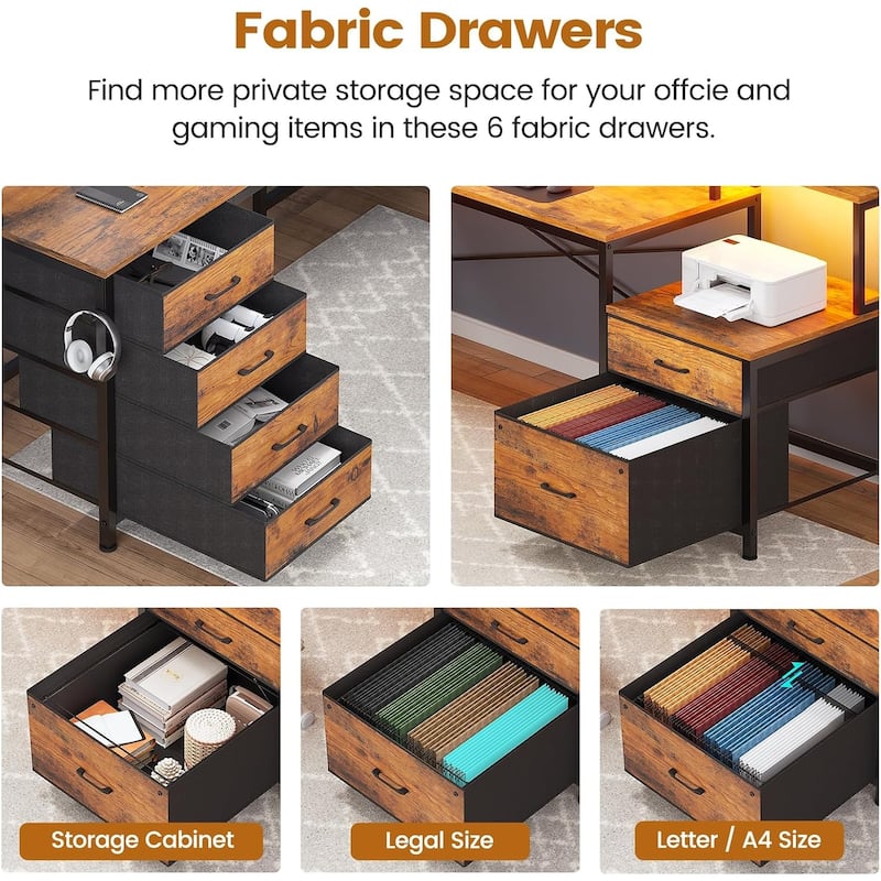 L Shaped Home Office Desk with 6 Drawer File Drawer Power Outlet
