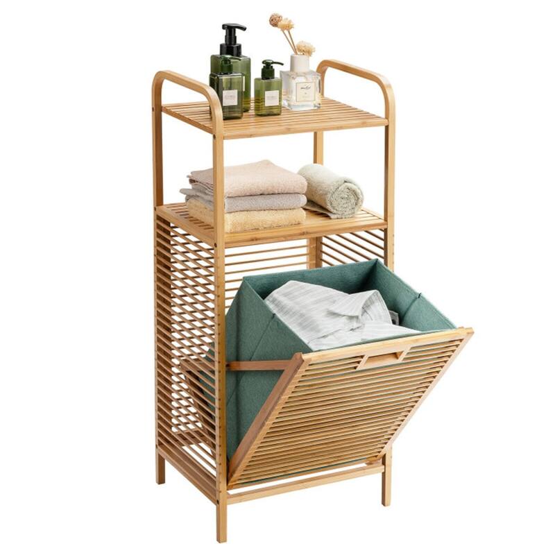Wicker Bathroom Shelf with Removable Laundry Basket 2-Tier Storage Organizer - 16" × 12" × 38" (L × W × H) - Brown