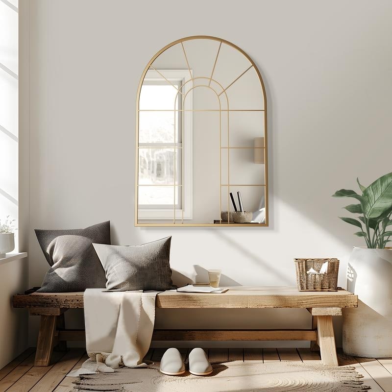 Iron Metal Frame Rectangular Windowpane Wall Mirror Farmhouse Rustic Elegant Decor for Living Room Bedroom Bathroom Entryway - 41" x 28" - Gold Arch