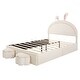 preview thumbnail 29 of 42, Velvet Upholstered Rabbit-Shape Princess Bed, Cute Platform Bed w2 Storage Stools & Headboard & Footboard for Kids