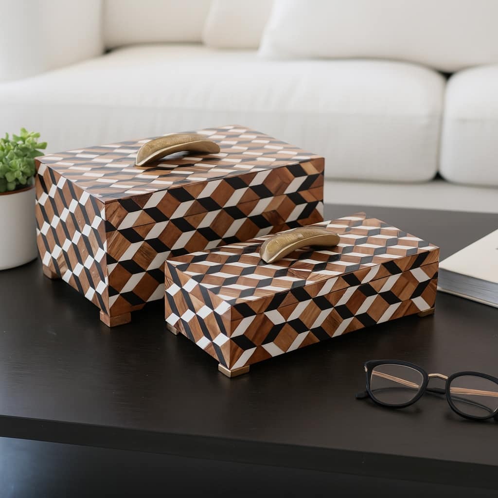 Modern Decorative Boxes with Lid - Set of 2, 14", Black, Brown - 14.0"