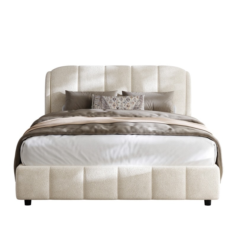 Queen Size Boucle Fabric Upholstered Platform Bed with Curve-Shaped Headboard