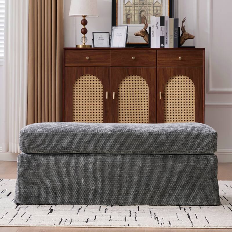46" Wide Modern Upholstered Chenille Ottoman, Foot Stool Square Footrest with Black Metal Legs for Living Room, Bedroom