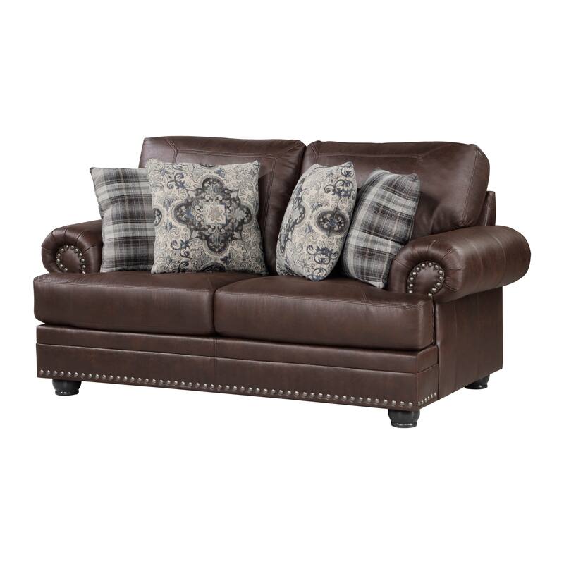 Jade 72 Inch Loveseat, Rich Brown Microfiber, 4 Pillows Soft Cushions, Wood