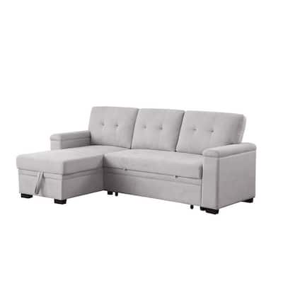 Lusy 85 Inch Reversible Sleeper Sectional Sofa, Storage Chaise, Light Gray