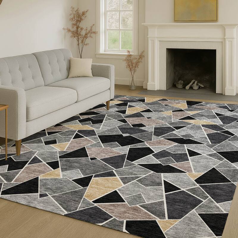 Machine Washable Indoor/ Outdoor Modern Mosaic Chantille Rug