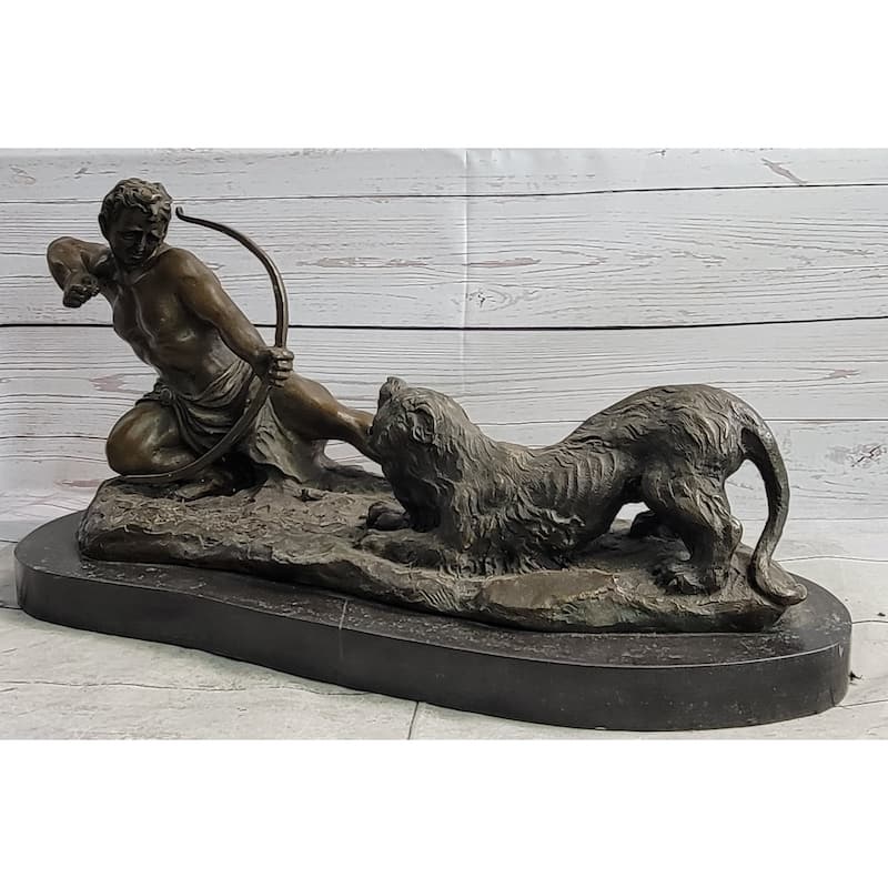 Archer Warrior Hunter Slaying Imitative Lion Bronze Sculpture Statue Figure Signed Original Art