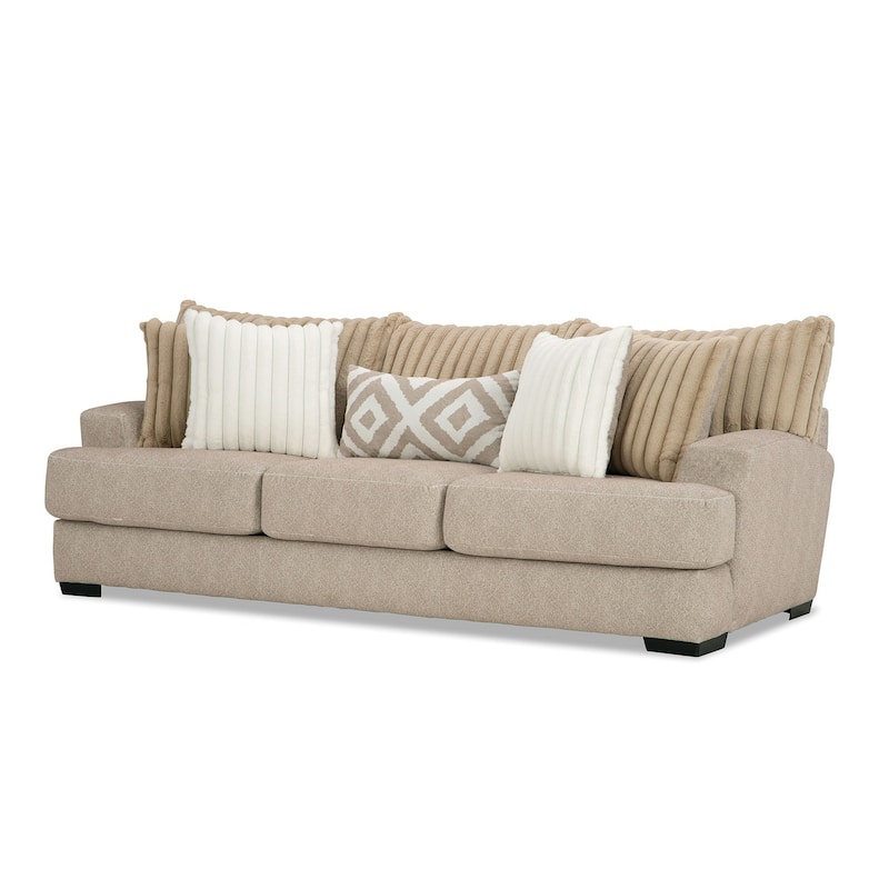 Laila Sofa, 5 Accent Pillows, 98 Inch Solid Wood, Light Brown Chenille