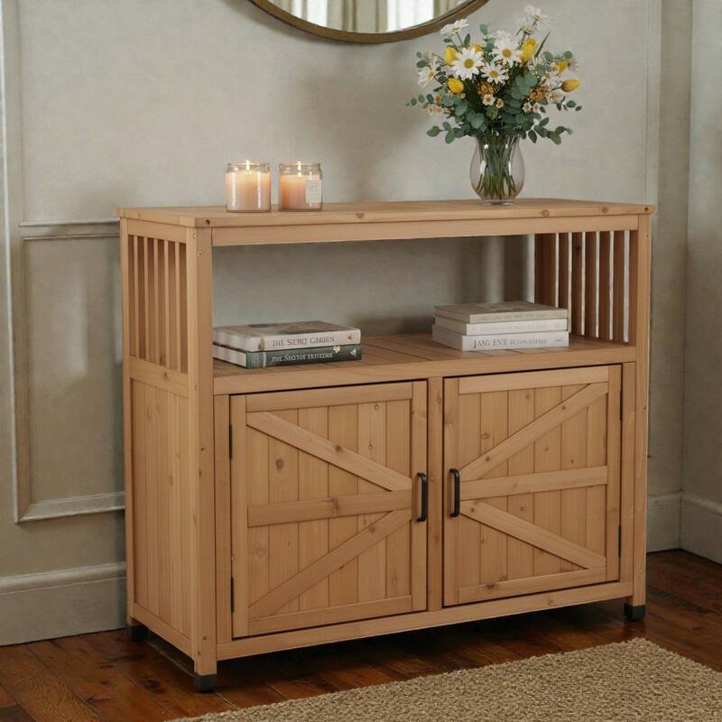 Wooden Patio Bar Table with Storage Cabinet, Solid Wood Outdoor Buffet Sideboard for Patio, Deck and Backyard