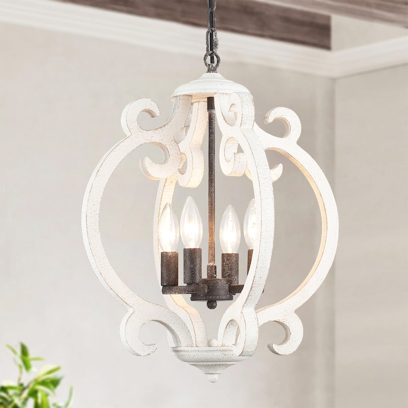 4-Light Antique Wood French Country Chandelier Vintage Pendant for Dining Room