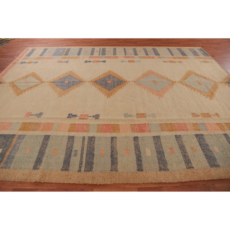 Hand Woven Oriental 100% Jute Carpet Southwestern Modern Beige & Ivories Kilim Area Rug - 12' 6'' X 9' 4''
