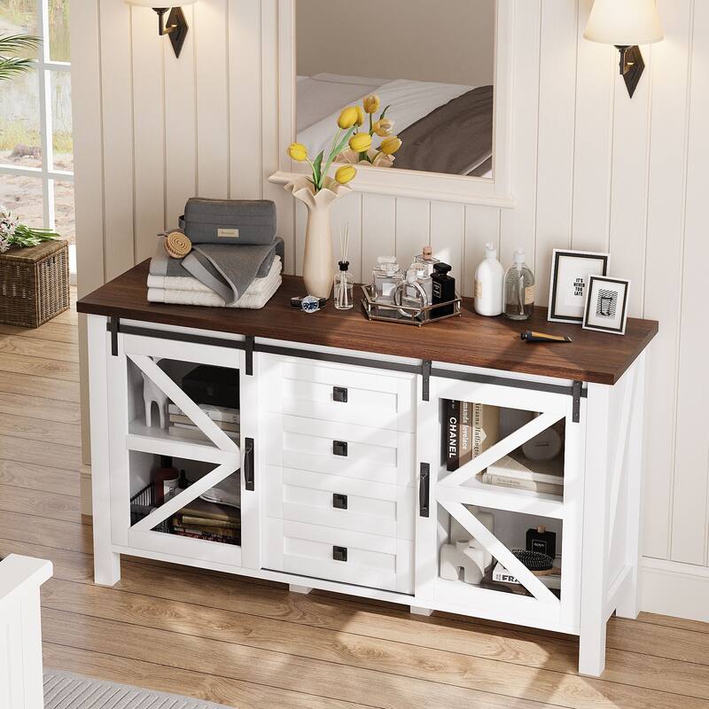 Gymojoy Farmhouse Buffet Cabinet with Barn Doors, 4 Drawers, for Kitchen, Dining Room, Living Room Storage