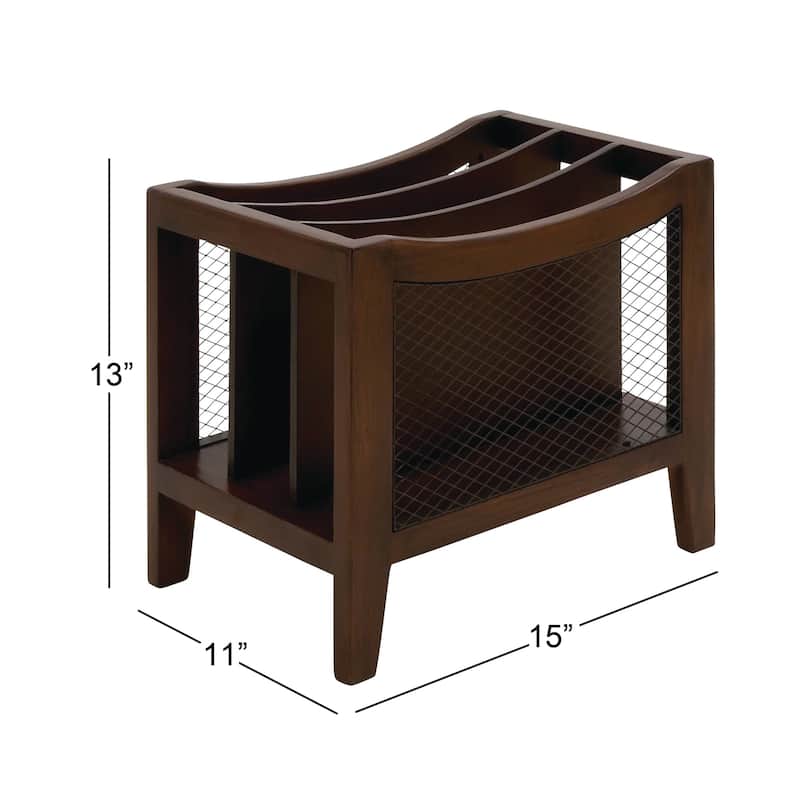 Wood 3 Slot Magazine Holder with Netting Side Panels - Brown - Roche River Decor - 11"Wx15"Lx13"H