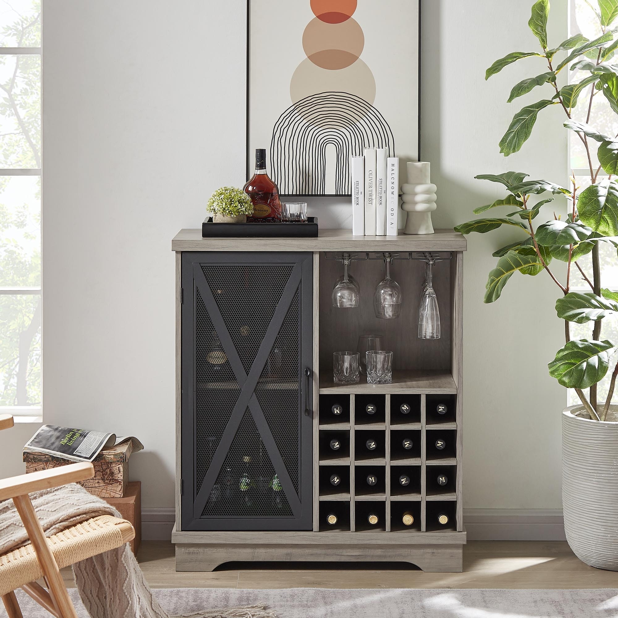 Single Door Wine Cabinet with 16 Wine Storage Grey Bed Bath