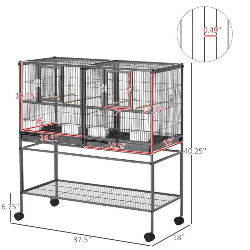 Large Metal Bird Cage with Wheels, Perches, and Food Containers - 37.5" L x 18" W x 40.25" H