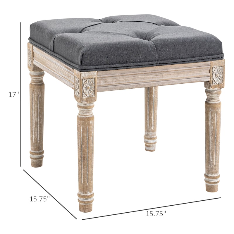 Upholstered Foot Stool with Button-Tufted Linen Cushion and Fluted Wooden Legs for Living Room