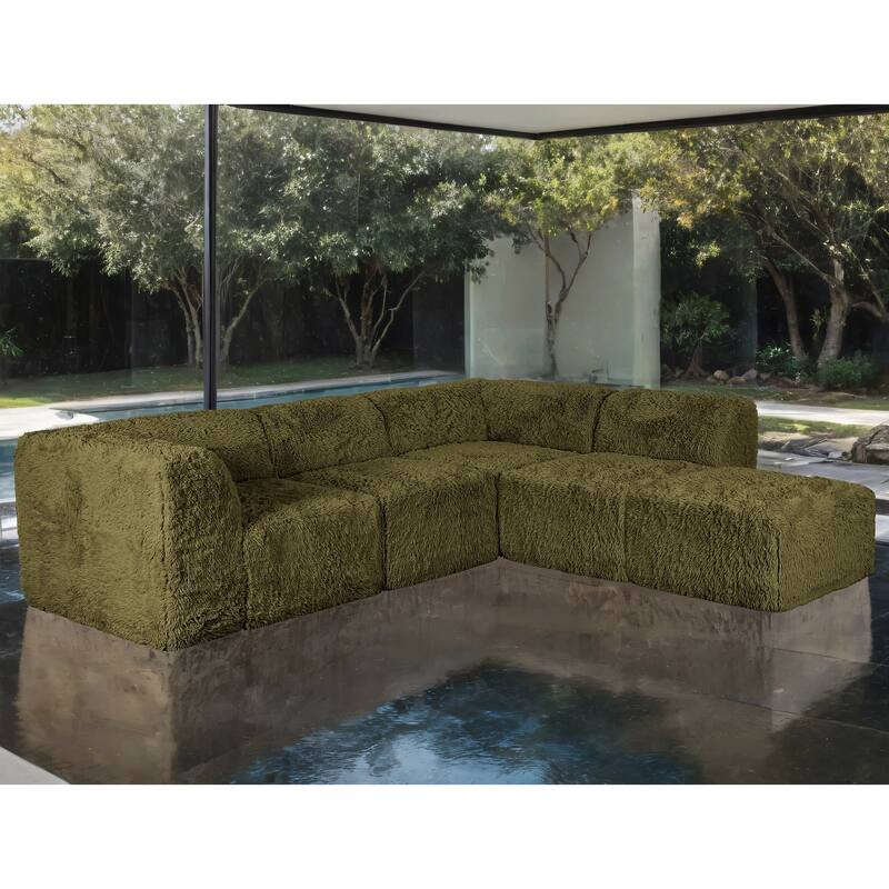 Furniture of America Ylena Modern 5-Piece Faux Fur Foam Modular Compressed Sectional Sofa with Ottoman - Olive Green